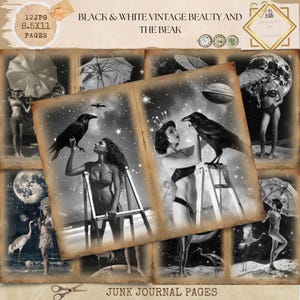 Junk Journal imprimable, Raven Woman Junk Journal, journal gothique noir et blanc, journal de maillot de bain rétro, éphémères esthétiques Dark Academia