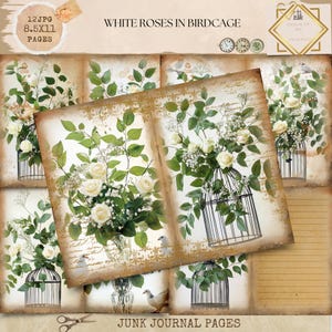 Junk Journal Printable, weiße Rose im Vogelkäfig Junk Journal, Hochzeit Junk Journal Papiere, Garten Journal, Rosen und Tauben Ephemera