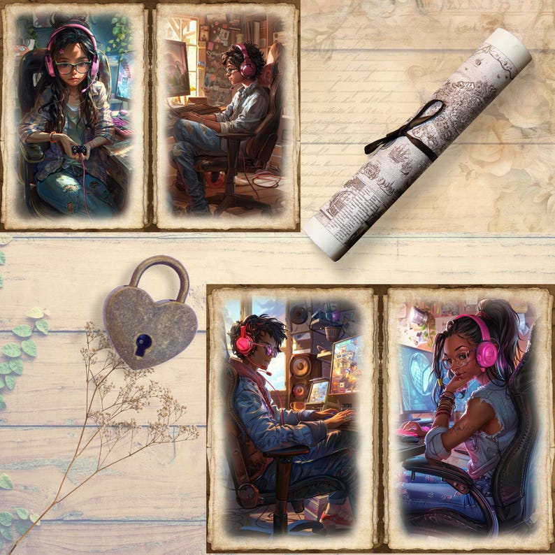 May include: A digital art collage featuring four framed illustrations of people gaming, a heart-shaped lock, and a rolled-up map tied with a black ribbon. The illustrations depict gamers with headphones and monitors.