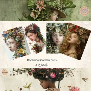 Botanical Girls Junk Journal Cards, 4 cartões, coisas efêmeras para impressão no jardim, artesanato em papel, colagem digital, 11 x 8,5, coisas efêmeras para meninas botânicas