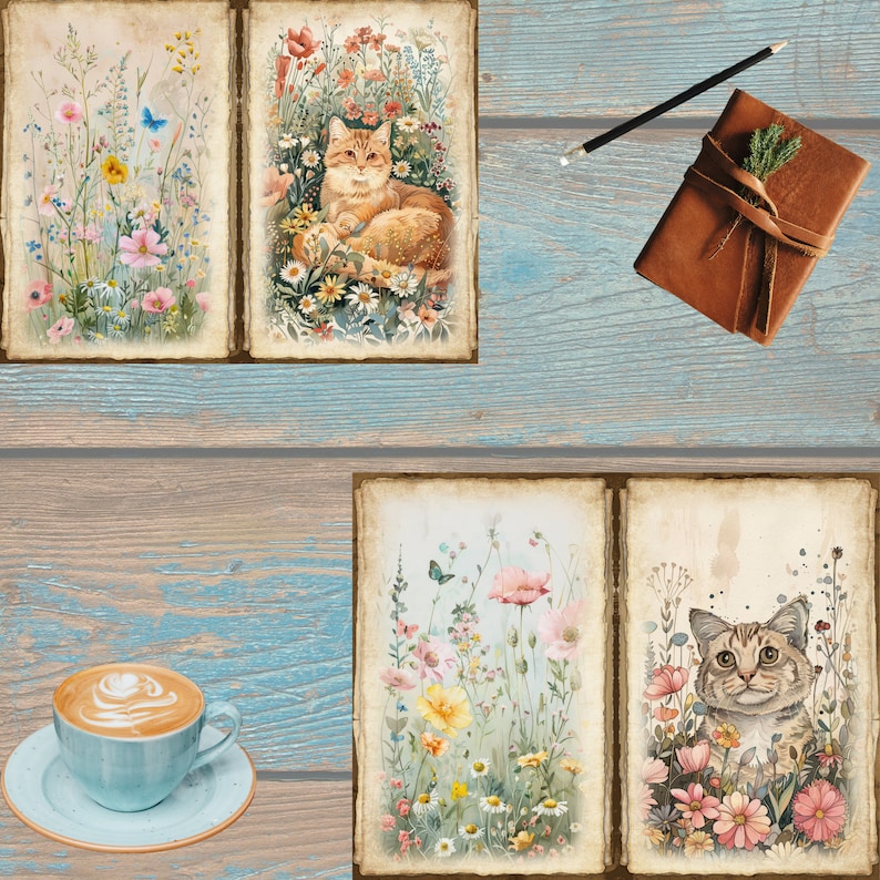 May include: A collection of watercolor art prints featuring floral and cat illustrations. The prints showcase colorful flowers and a ginger cat. A leather-bound journal, pencil, and a cup of coffee with latte art are also present.