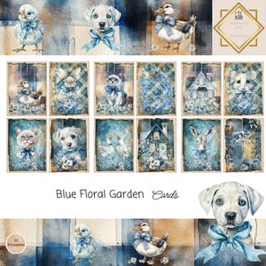 Cartes de la maison du cottage avec jardin secret, imprimés éphémères floraux bleus, créations en papier, collage numérique, 11 x 8,5, portraits d'animaux avec noeud bleu