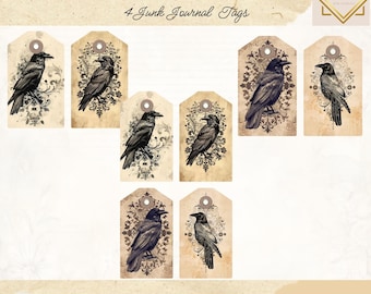 May include: Set of four printable junk journal tags featuring a gothic raven with intricate filigree details. The tags are designed on a vintage background with a distressed look.