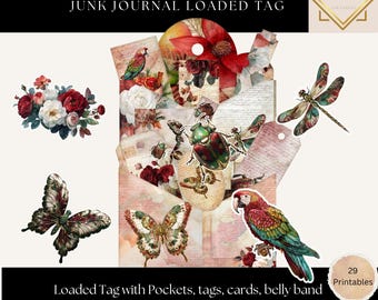 Botanical Christmas Symphony Loaded Tag Kit, Vintage Junk Journal Printable, Pockets, Ephemera & Fussy Cuts, Christmas Botanical Collage