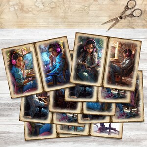 May include: A collection of vintage-style cards featuring illustrations of people gaming. Each card depicts a person wearing headphones and sitting in front of a computer. The cards have a distressed, aged appearance, with a light wood background and a pair of decorative scissors.