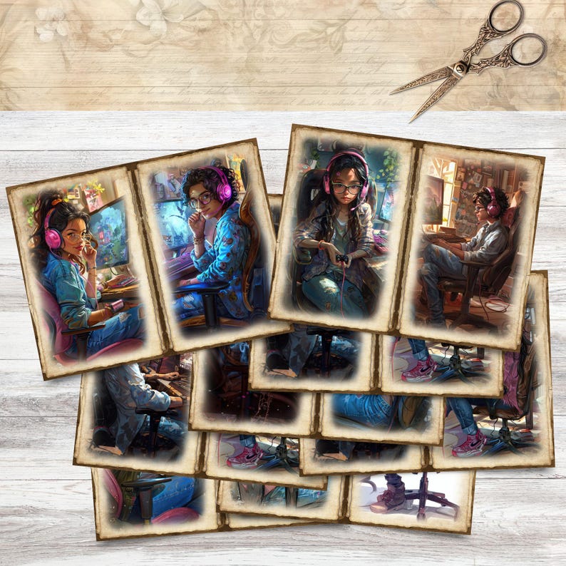 May include: A collection of vintage-style cards featuring illustrations of people gaming. Each card depicts a person wearing headphones and sitting in front of a computer. The cards have a distressed, aged appearance, with a light wood background and a pair of decorative scissors.