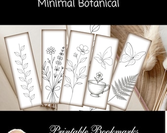 Minimal Botanical Bookmarks, Printable Bookmarks, Line Art Bookmarks with Wildflowers and Leaves for Book Lovers