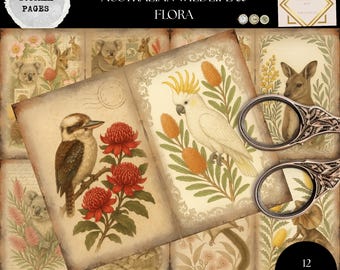 Australian Wildlife Junk Journal Pages, Vintage Botanical Animals & Nature Printable Papers, 12 Digital Backgrounds for Scrapbooking
