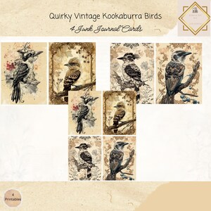 Gewone kookaburra-dagboekkaarten, 4 kaarten, afdrukbare efemere vogelsoorten, papiermodellen, digitale collage, 11 x 8,5, kaarten kookaburra efemere verschijnselen