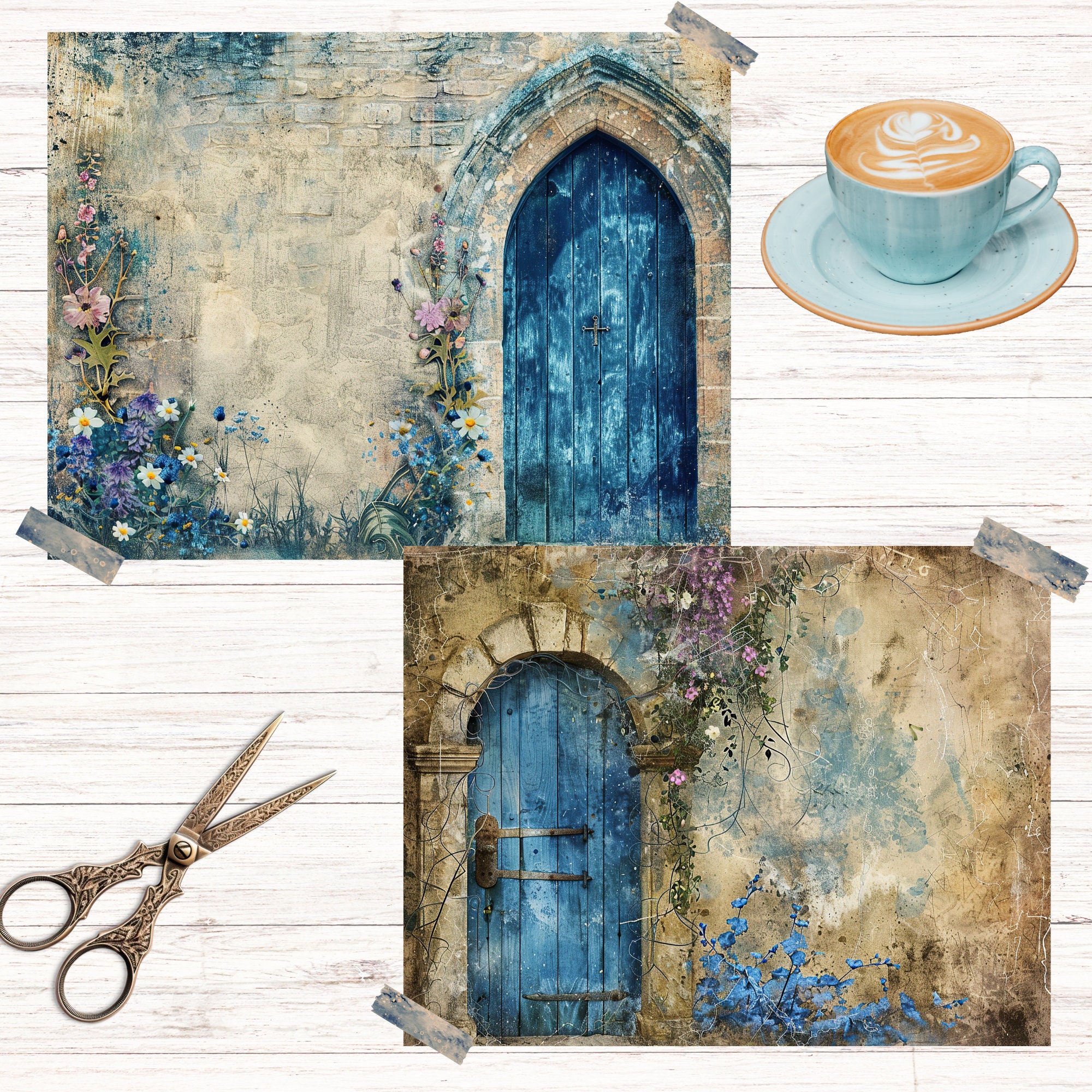 Junk Journal Printable, Wooden Blue Doors, Vintage Journal Pages, Doors ...