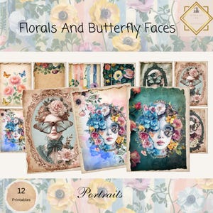 Butterfly Junk Journal Cards, 12 Cards, Floral Butterfly Printable Ephemera, Paper Craft, Digital Collage, 11 x 8.5, Butterfly Girl Portrait