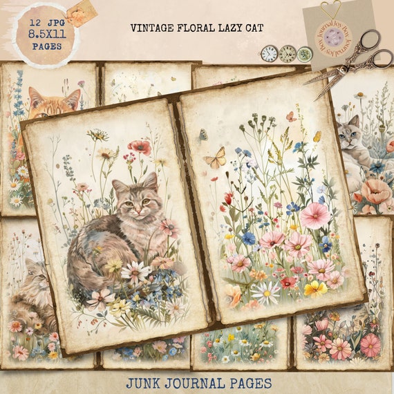 Junk Journal Printable, Vintage Cat Journal Papers, Lazy Cat Journal Digi Kit, Digital Craft, Flower Cat Junk Journal, Cat Journal Paper,