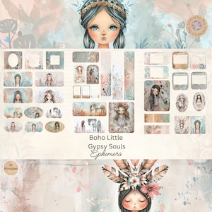 Tarjetas efímeras de chicas bohemias, paquete de 38 minitarjetas adicionales, efímeras imprimibles de chicas hippies, manualidades de papel, collage digital, 28 x 21,5 cm, diario de chicas gitanas