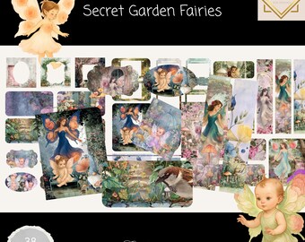 Secret Garden Fairies Ephemera, Vintage Fairy Junk Journal Kit, Printable Fantasy Tags, Magical Garden for Scrapbooking and Paper Crafts