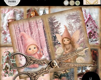 Pink Christmas Gnome Junk Journal Pages,  Blush Holiday Ephemera, Printable Gnome for Christmas, Vintage Christmas Collage Sheets