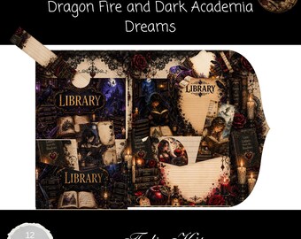 Dragon Fire & Dark Academia Junk Journal Kit, Gothic Library Folio Kit,  Printable Folio Kit Ephemera, Book Lovers