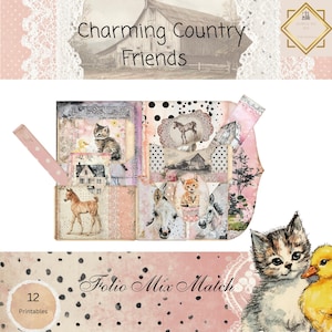Charming Country Friends Printable Junk Journal Folio Kit, Pink Polka Dot Farmhouse Ephemera, Cute Animal Folio Pockets, Tags and Envelopes