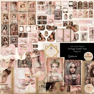 Kit de carnets Mega Junk « Fille buvant du thé » 98 pièces, papier imprimable, étiquettes, éphémères, cartes, kit folio créations en papier, feuille de collage 11 x 8,5