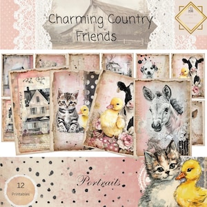 Charming Country Friends Junk Journal, Vintage Farmhouse Animal Portrait Cards, Printable Baby Animals Ephemera for Scrapbooking , 11 x 8.5