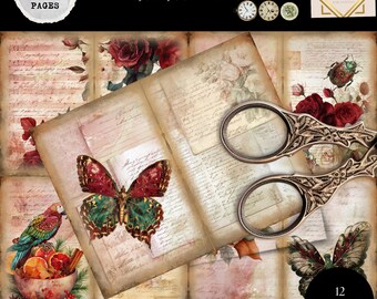 Vintage Christmas Journal Pages, Floral Ephemera with Music Sheets, Butterflies & Holiday Botanicals, Printable Junk Journal Paper Pack