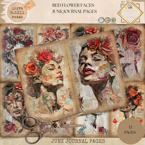 Diario di scarto stampabile, diario di scarto con volti di fiori rossi strappati, pagine di volti vintage, diario di scarto vintage, kit digitale, collage di volti di fiori strappati