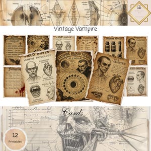 Vintage Vampire Junk Journal Cards, 12 Cards, Gothic Specimen Printable, Dark Academia Ephemera, Paper Craft, Digital Collage, 11 x 8.5,