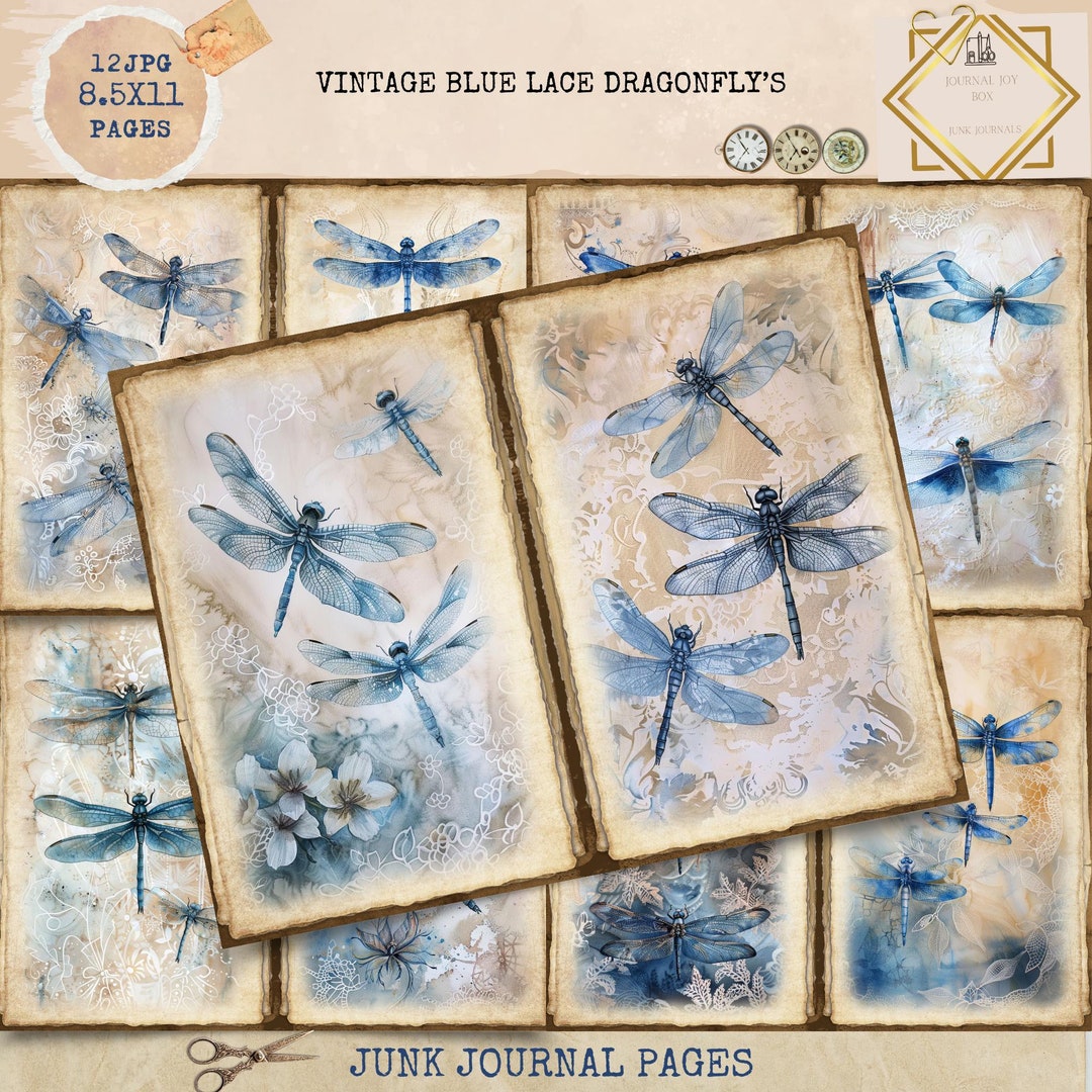 Junk Journal Printable, Vintage Blue Dragonfly's Pages, Dragonfly Junk ...