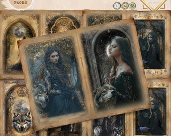 Junk Journal Printable, Gothic Girl & Wolf Journal, Wolf Junk Journal Page, Dark Fantasy Junk Journal, Digi Kit, Gothic Girls Junk Journal