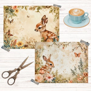 May include: Two watercolor illustrations of a fawn and a rabbit in a woodland setting. The fawn is brown with white spots and is standing on its hind legs. The rabbit is brown and white and is sitting on its hind legs. Both animals are surrounded by flowers and leaves.
