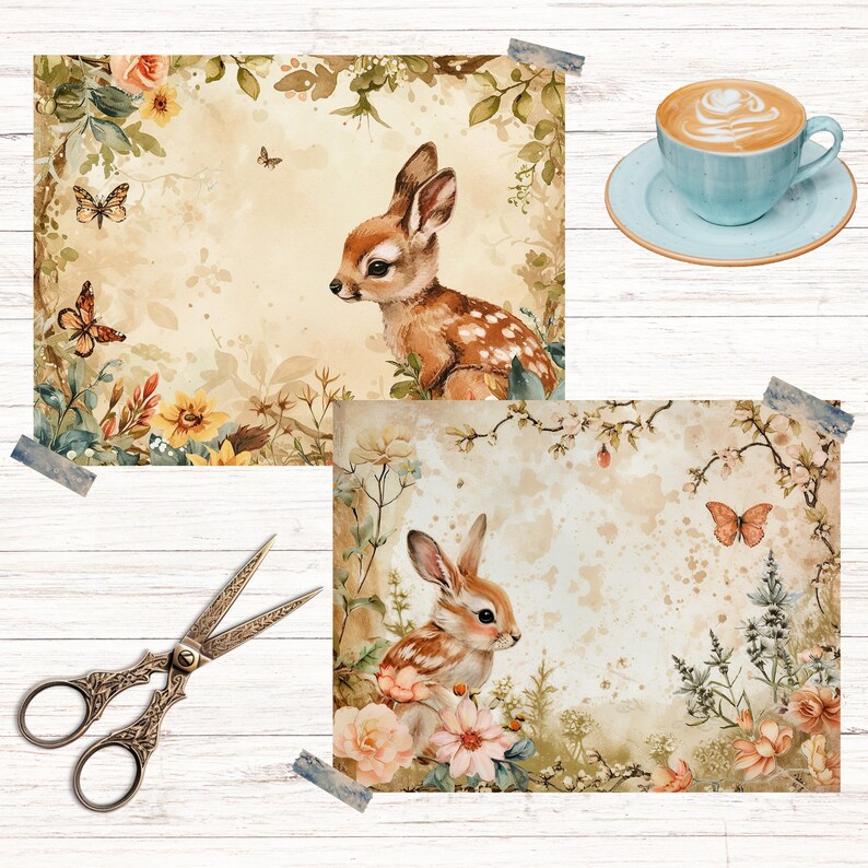 May include: Two watercolor illustrations of a fawn and a rabbit in a woodland setting. The fawn is brown with white spots and is standing on its hind legs. The rabbit is brown and white and is sitting on its hind legs. Both animals are surrounded by flowers and leaves.