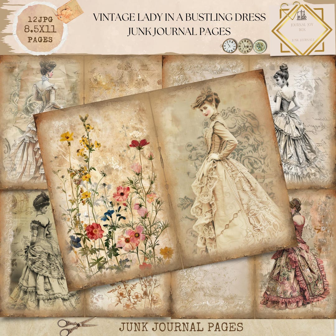 Junk Journal Printable, Vintage Pages, Vintage Lady in a Bustling