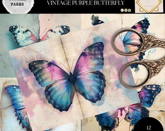 Junk Journal Printable, Purple Butterfly , Vintage Journal Papers, Butterflies Junk Journal , Vintage Junk Journal Digi Kit, Digital Crafts