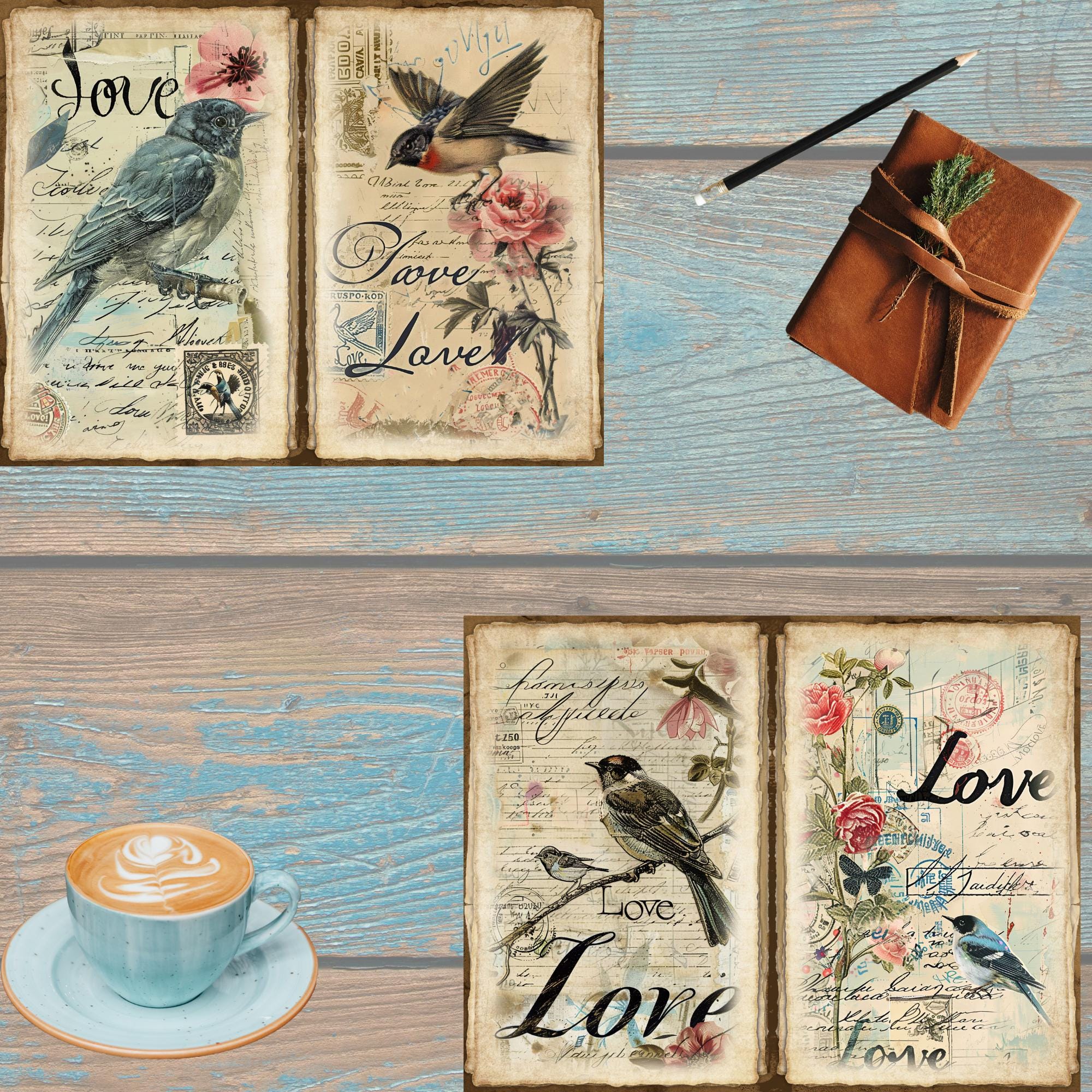 Junk Journal Printable, Vintage Love Birds Journal Papers, Love Birds ...