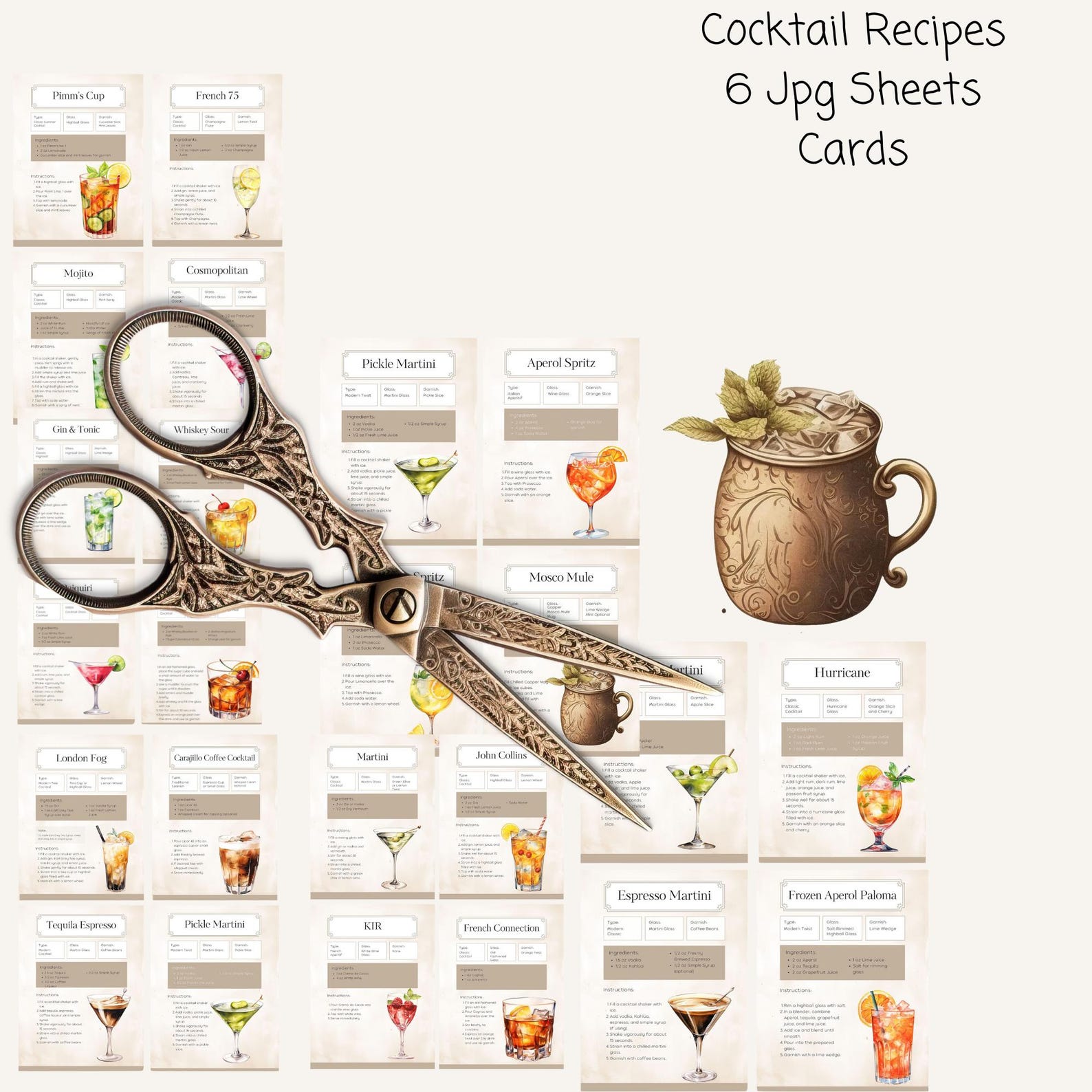 Printable Cocktail Recipe Cards for Junk Journals, Vintage Drink ...