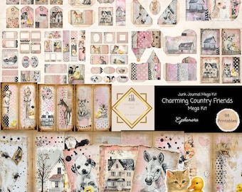 Mega Junk Journal Kit "Country Friends 98 Piece Farm Printable Paper, Tags, Ephemera, Cards, Folio Kit Paper Craft, Collage Sheet 11 x 8.5