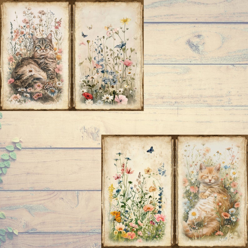 May include: Four framed watercolor prints featuring cats and wildflowers. Two prints show cats nestled in flowers, while the other two depict colorful wildflowers and butterflies. The prints have a vintage, aged paper appearance.