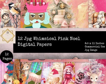 Pink Christmas Junk Journal Pages, Whimsical Winter Printable Ephemera Kit, Cozy Holiday Scrapbook Backgrounds, Mouse & Reindeer Papers