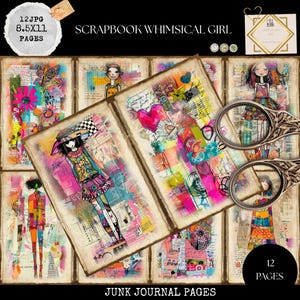 Junk Journal Printable, Whimsical Scrapbook Girl Journal, Tall Skinny Whimsy Girl Journal Papers, Quirky Girl Journal, Whimsical Ephemera