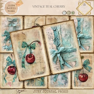 Junk Journal stampabile, Junk Journal ciliegia verde acqua, carte vintage per Junk Journal, diario fiocco, effimeri Cherry On Top, Baby Junk Journal