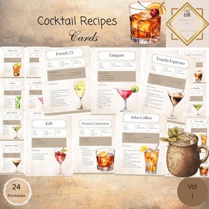 Printable Cocktail Recipe Cards for Junk Journals, Vintage Drink Recipes, DIY Bar Cart Ephemera, Mixology Cards for Journaling, 11 x 8.5,