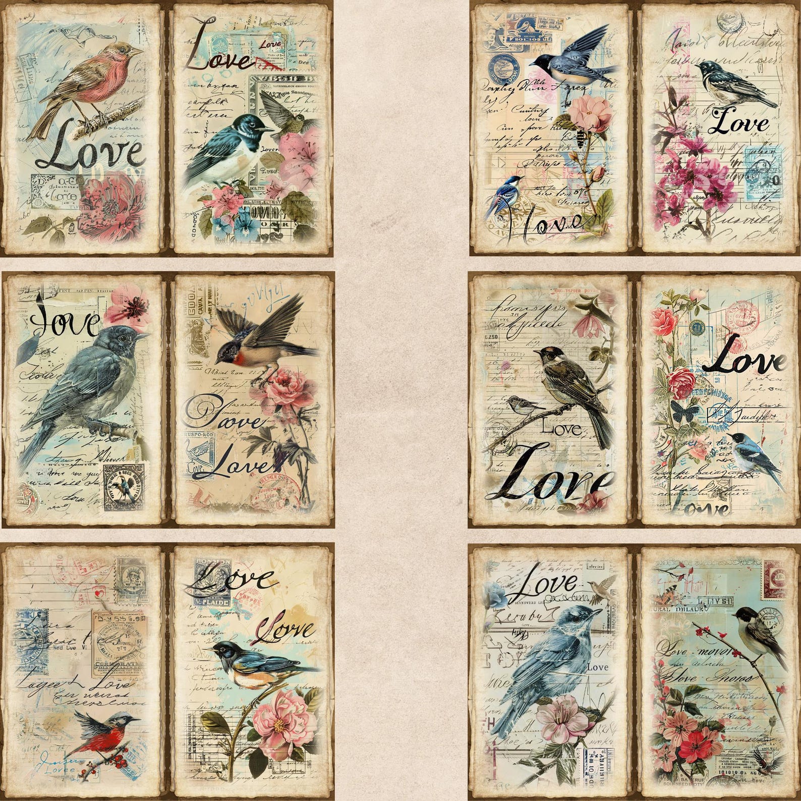Junk Journal Printable, Vintage Love Birds Journal Papers, Love Birds ...