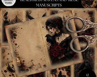 Black Ruby Ravens & Rose Manuscripts Junk Journal Kit, Gothic Journal Pages, Dark Academia Printable,  Victorian Junk Journal