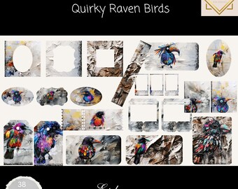 Quirky Raven Birds Ephemera Cards,38 Mini Extras Pack, Raven Birds Printable Ephemera, Paper Craft, Digital Collage, 11 x 8.5, Birds Journal