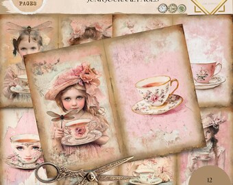 Puede incluir: Páginas de diario vintage con ilustraciones de niñas, tazas de té y diseños florales. Las páginas son en tonos rosa, beige y marrón, con el texto "Vintage Sweet Sips" y "Junk Journal Pages". Contiene 12 páginas, 21,59 x 27,94 cm.