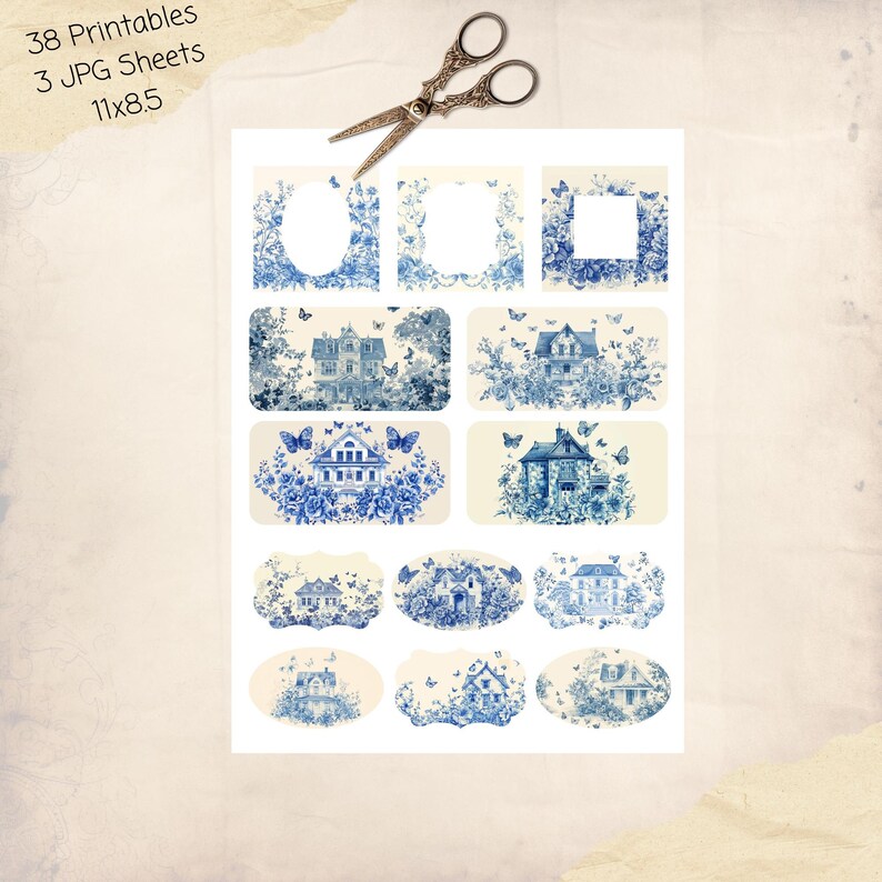 Blue Toile Homes and Butterfly's Junk Journal Ephemera Cards, 38 Extras ...