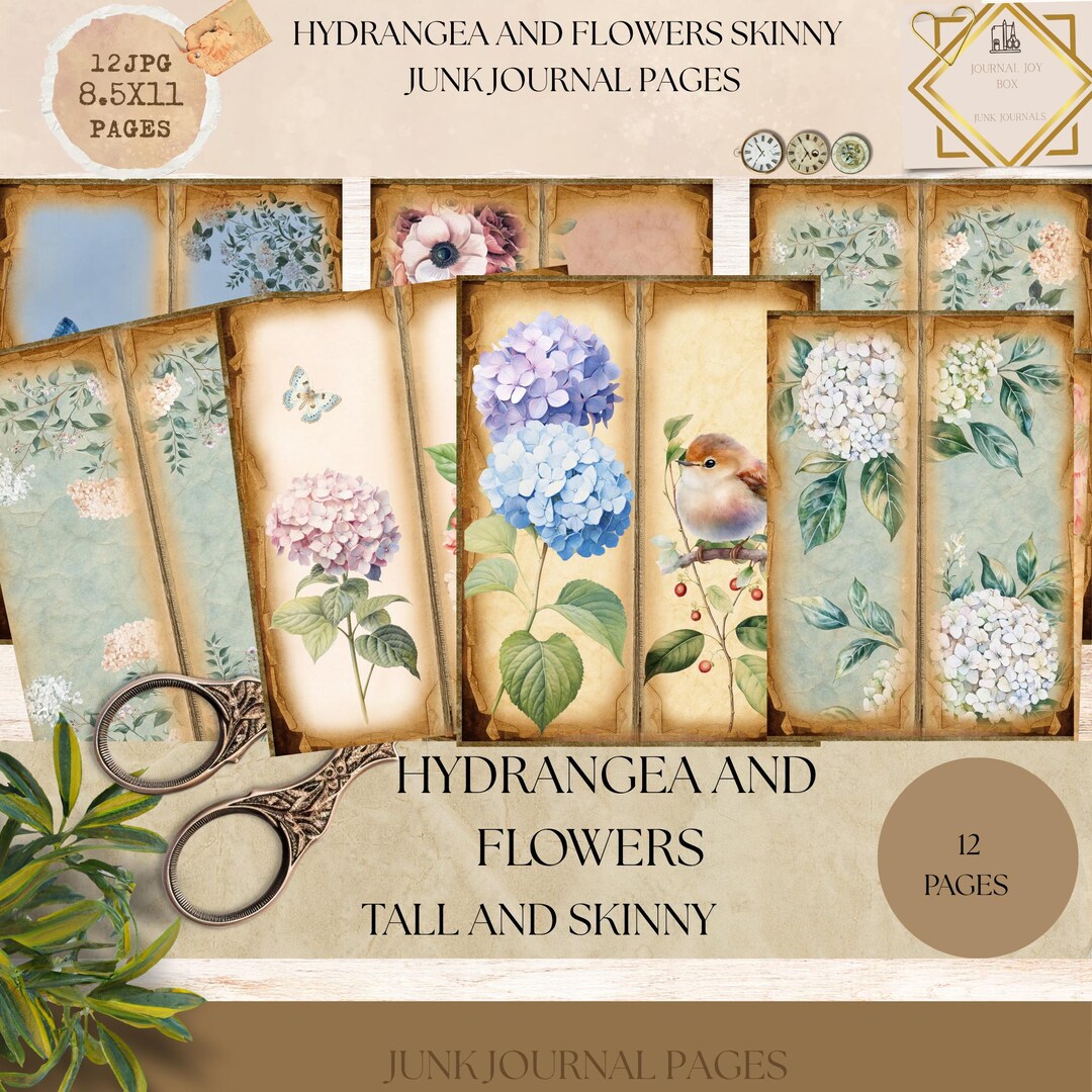 Hydrangea and Flowers Tall and Skinny Junk Journal, Spring Printable ...