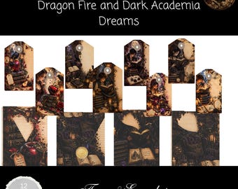 Dragon Fire & Dark Academia Tags and Envelopes, Gothic Junk Journal Printable,  Witchcore Ephemera, Fantasy Journal Tags, Vintage Stationery