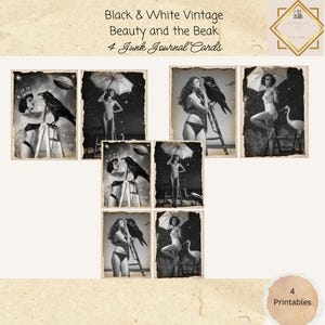 Carnet cartonné noir et blanc, 4 cartes, éphémères imprimables La Belle et le bec, créations en papier, collage numérique, 11 x 8,5, éphémères gothiques,