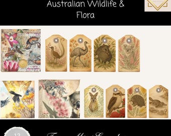 Australian Wildlife Junk Journal Tags & Envelopes, Vintage Flora and Fauna Ephemera, Printable Nature Pockets for Scrapbooking and Journal