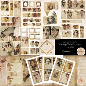 Kit méga journal « portraits vintage » 98 pièces papier imprimable vintage, étiquettes, éphémères, cartes, kit folio création en papier, feuille de collage 11 x 8,5